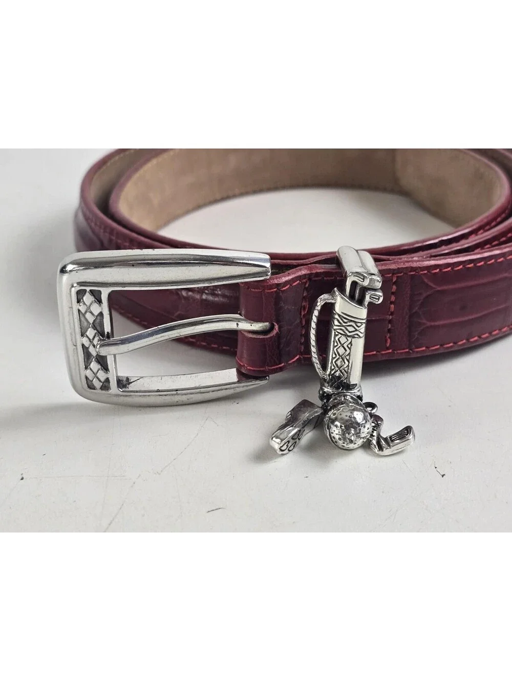 Brighton Red Reptile Embossed Belt Silver Buckle w/Golf Charms  L-34